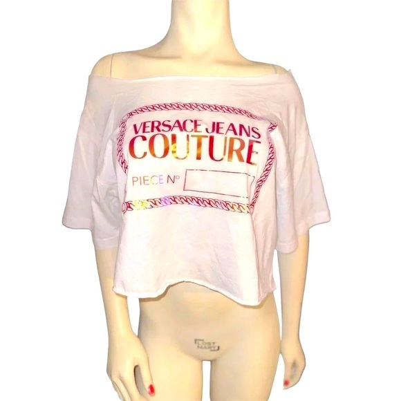Authentic Versace Jeans Couture iridescent logo Off-Shoulder White Crop Tee L - Picture 1 of 8